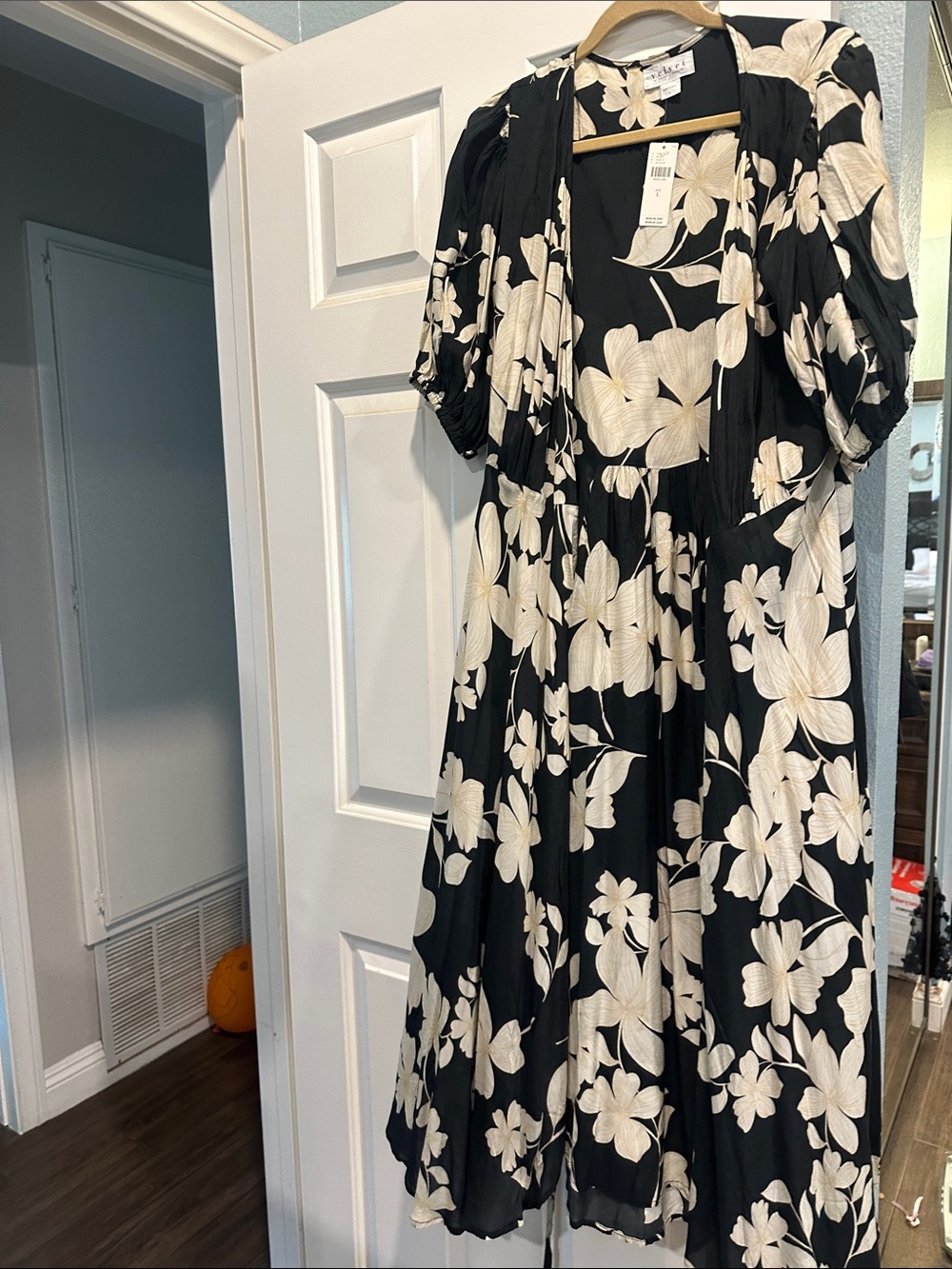 Velvet by Graham & Spencer Black Midi Dress with Cream Floral Print